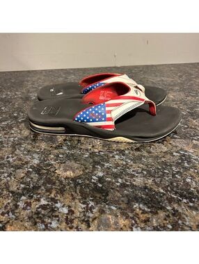 Reef Fanning USA Flag Print Flip Flop Y2K Mens 11 EU 44 Bottle Opener Sandals